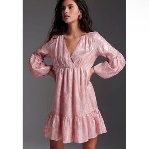 Anthropologie Light Pink Metallic Balloon Sleeve Mini Dress